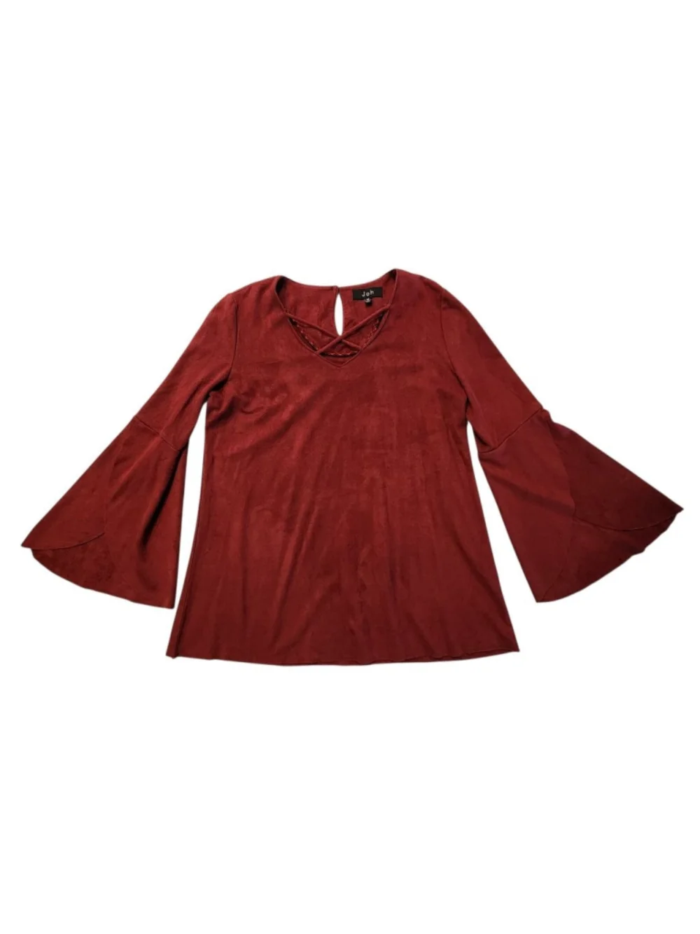 Joh Womens Burgundy Faux Suede Bell Sleeve Tunic Top M Keyhole Crisscross Blouse